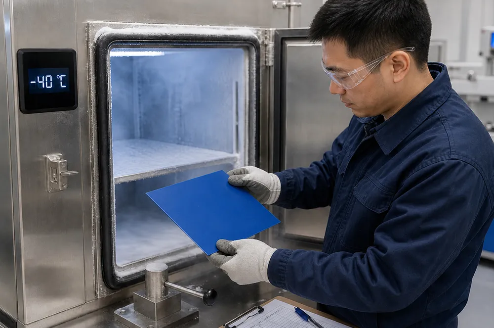 Worker inspecting a blue coated fabric sample beside a cold-test chamber