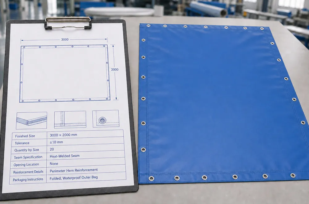 Blue eyeleted tarpaulin sample beside a production drawing and order details