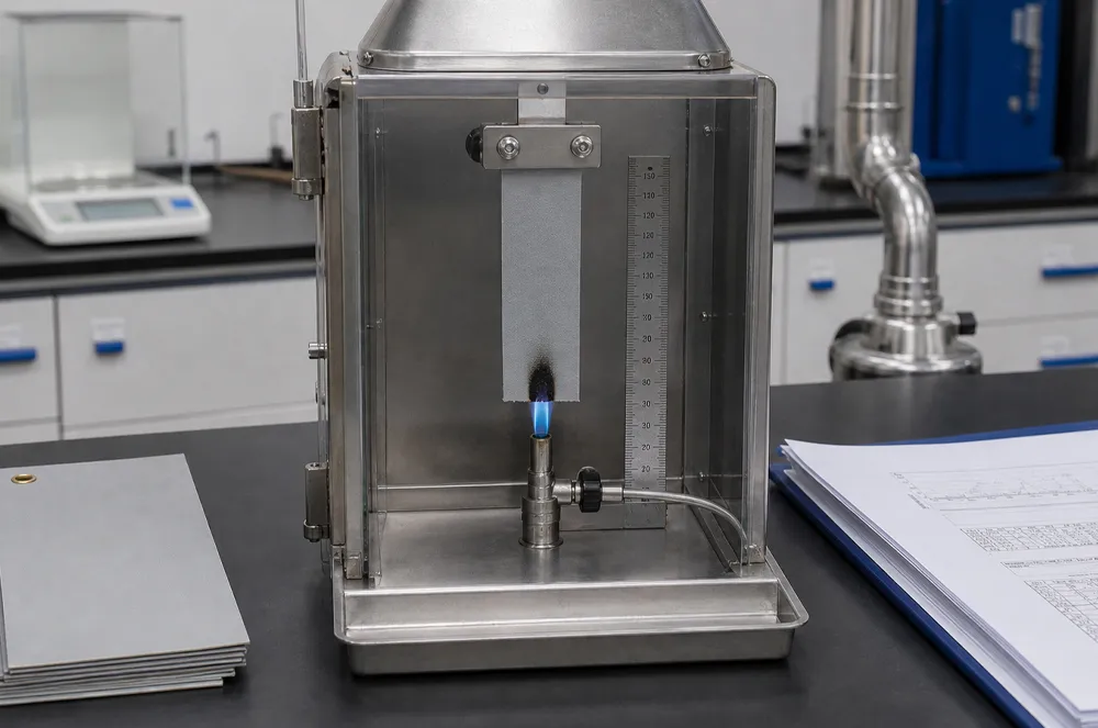 Vertical flame test setup holding a grey tarpaulin sample beside test documents