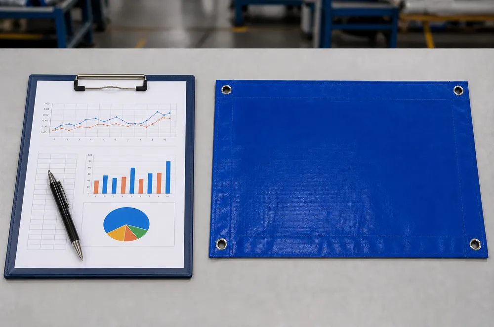 Blue eyeleted tarpaulin sample beside inspection charts on a clipboard