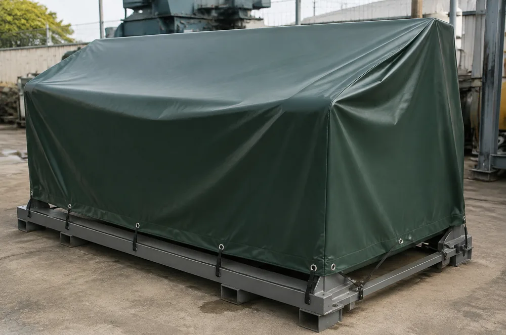 Well maintained green vinyl tarp protecting industrial equipment in an outdoor yard