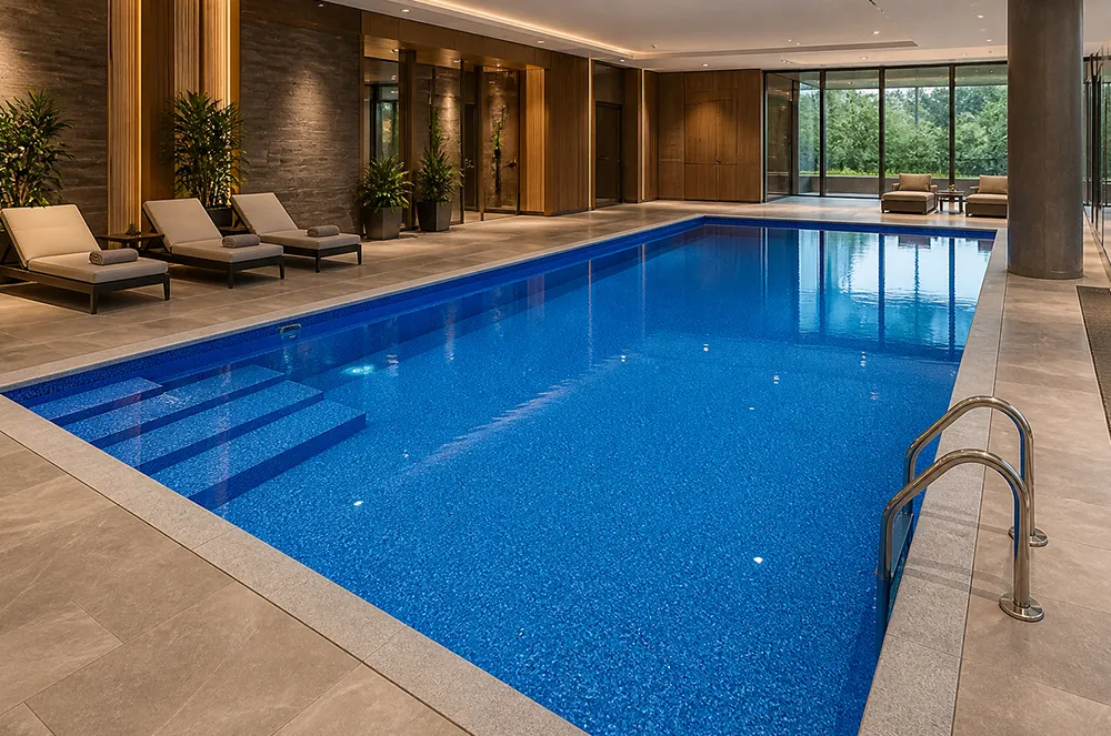 Blue liner installed in an indoor commercial swimming pool