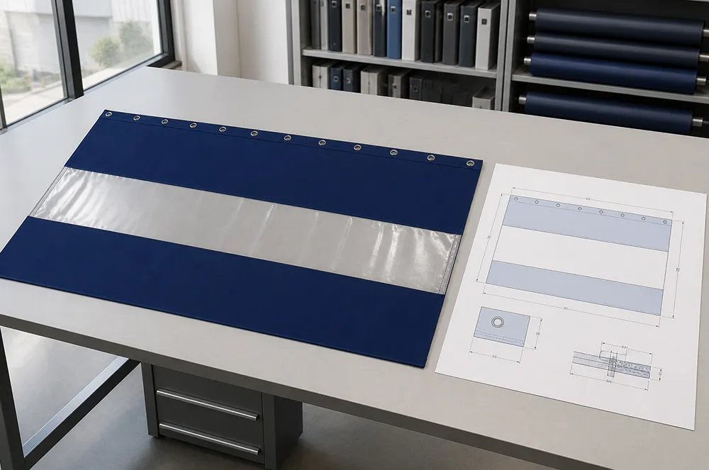 Blue and clear divider-curtain sample beside a production drawing