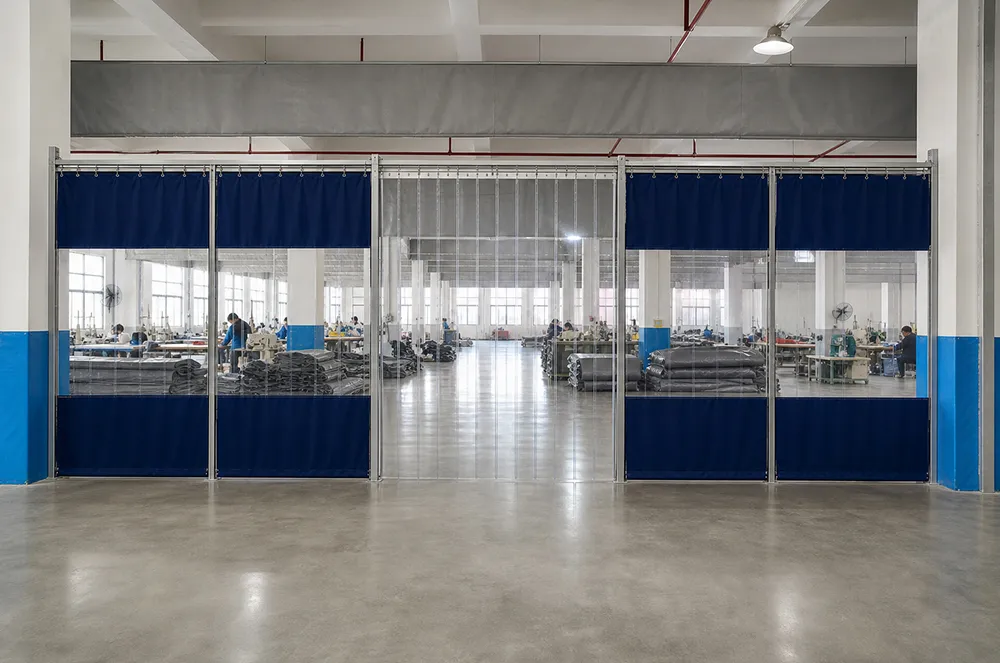 Blue and clear industrial divider curtains installed across a factory doorway