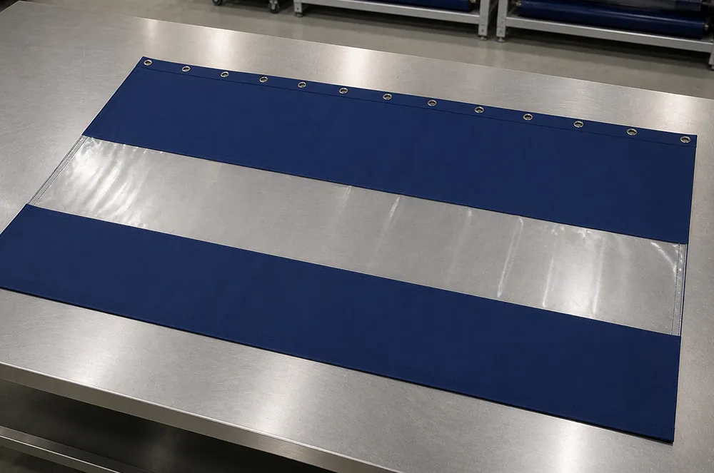 Blue and clear industrial curtain panel with an eyeleted top edge