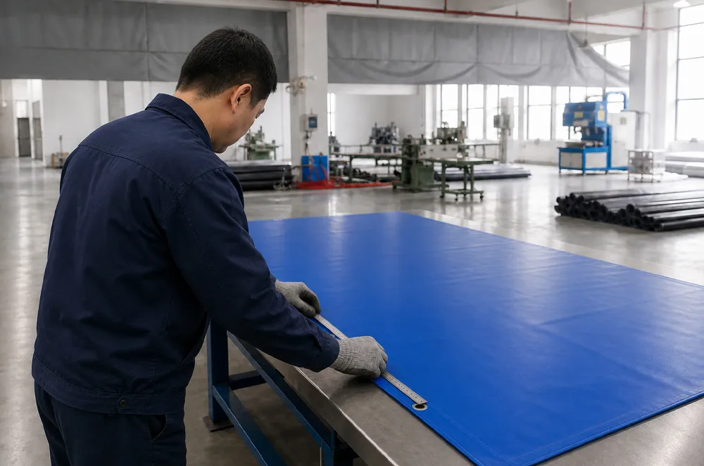 Worker measuring a blue eyeleted industrial tarpaulin on a factory inspection table