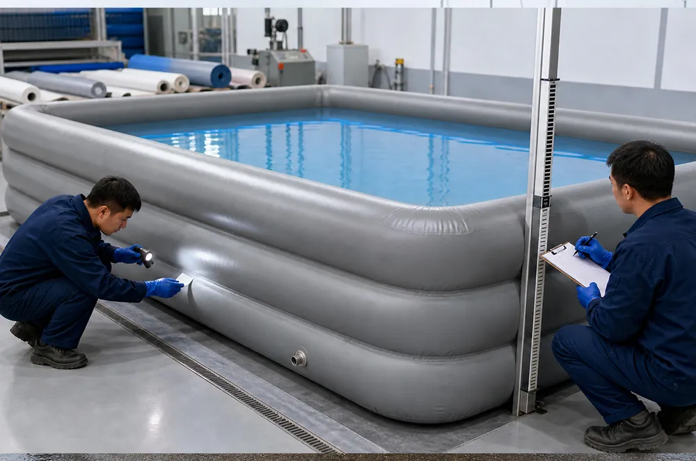 Factory workers inspecting a grey rectangular inflatable pool