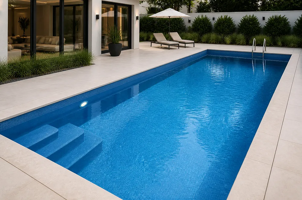 Blue liner installed in an outdoor rectangular swimming pool