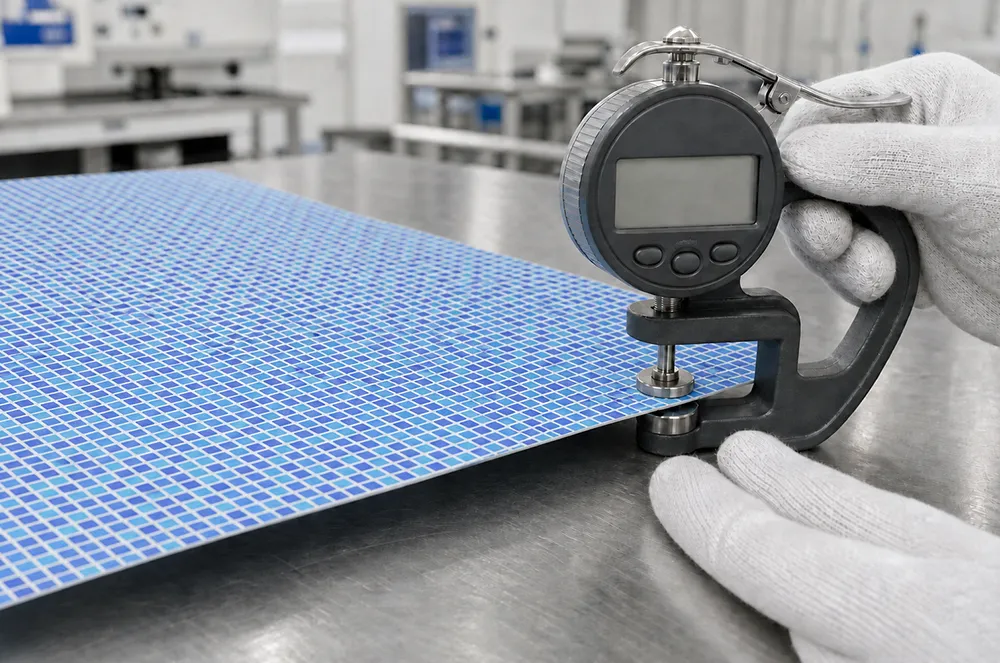 Digital thickness gauge measuring a patterned pool liner sample