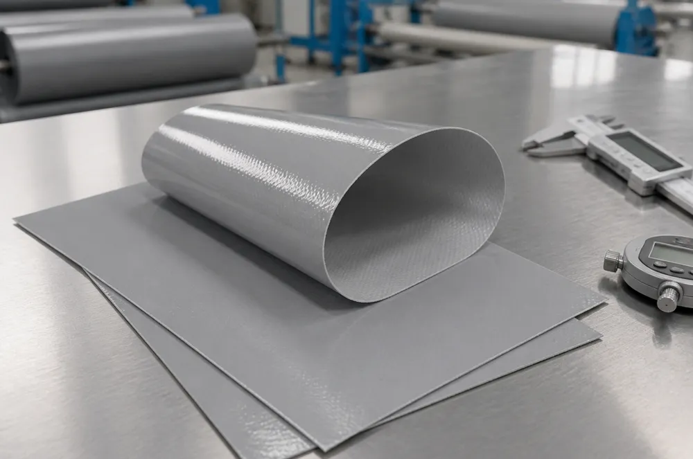 Grey coated fabric sample rolled and laid on an inspection table