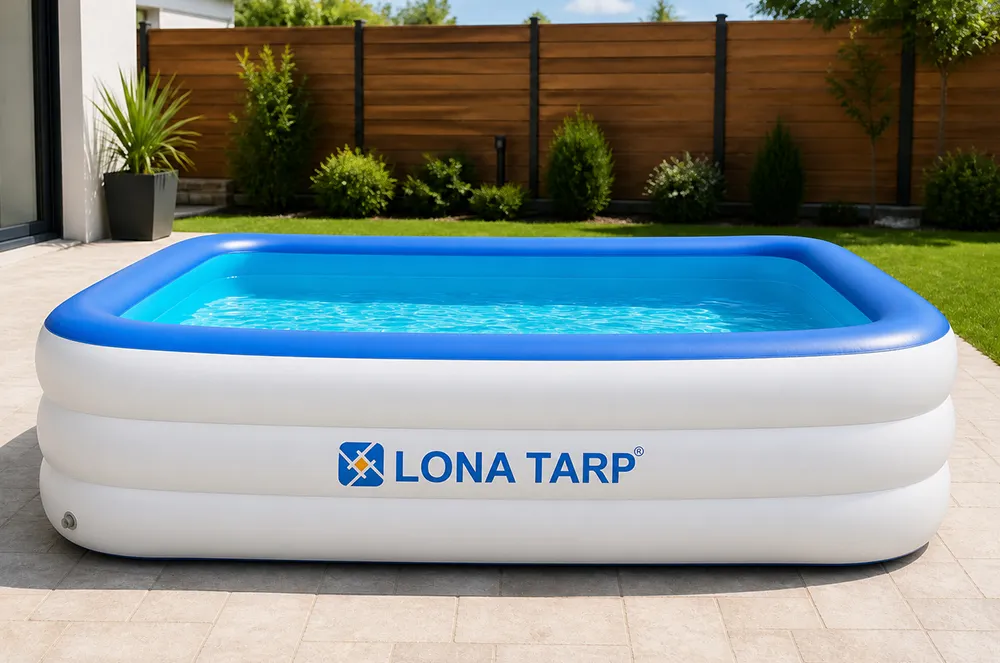 Blue and white rectangular inflatable pool in an outdoor setting