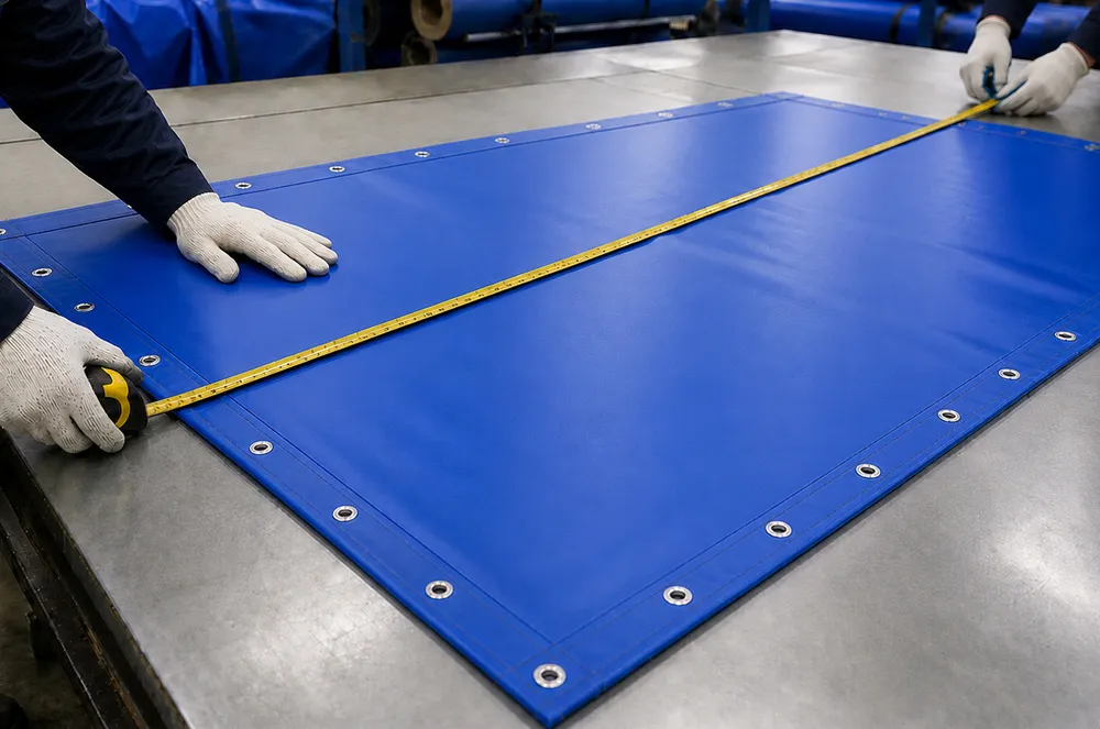 Workers measuring a blue eyeleted roof tarpaulin sample on an inspection table