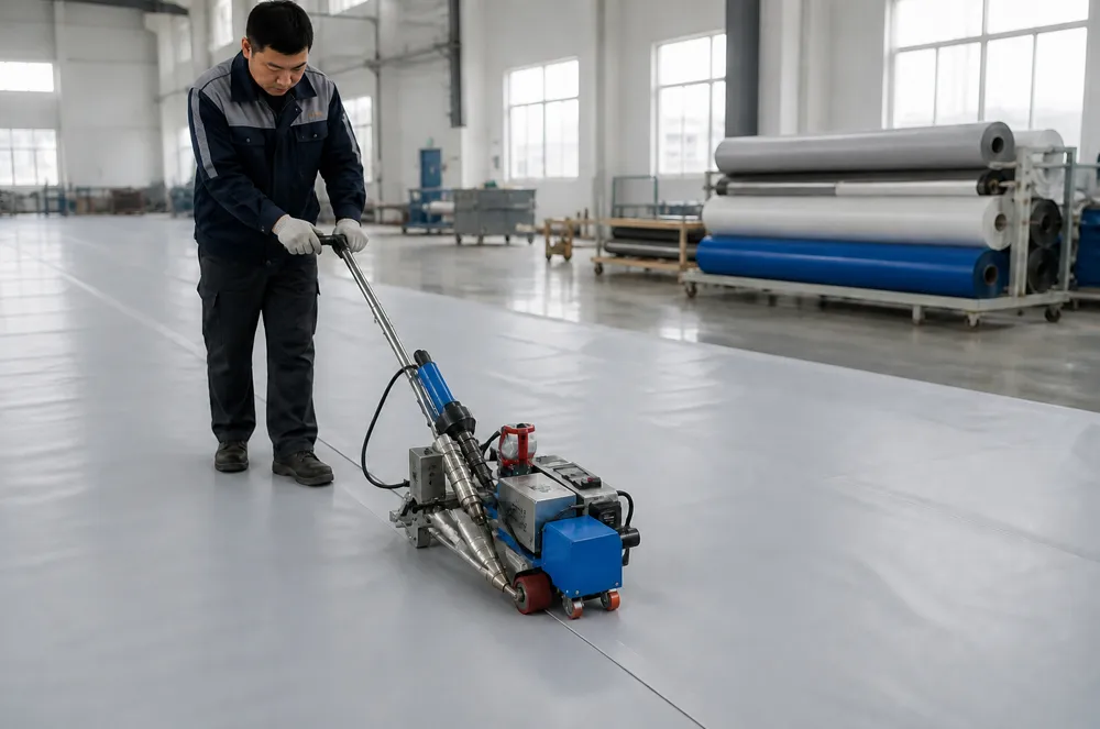 Worker welding a long seam in coated tarpaulin material on a factory floor