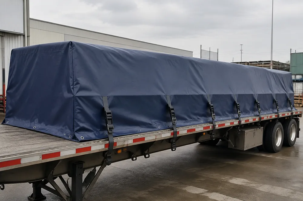 Commercial flatbed cargo protected by a fitted blue vinyl tarp in a freight yard