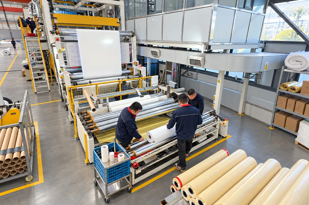 Coated fabric roll on winding equipment