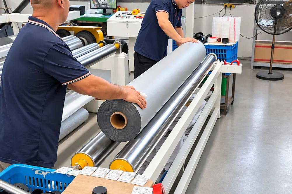 grey-pvc-roll-being-wrapped-by-operators